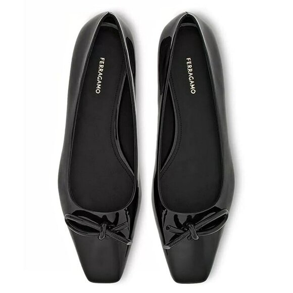 Ferragamo Women's Annie Patent Knot Ballerina Flats Black Size 7 C (MSRP $850) - Picture 1 of 11